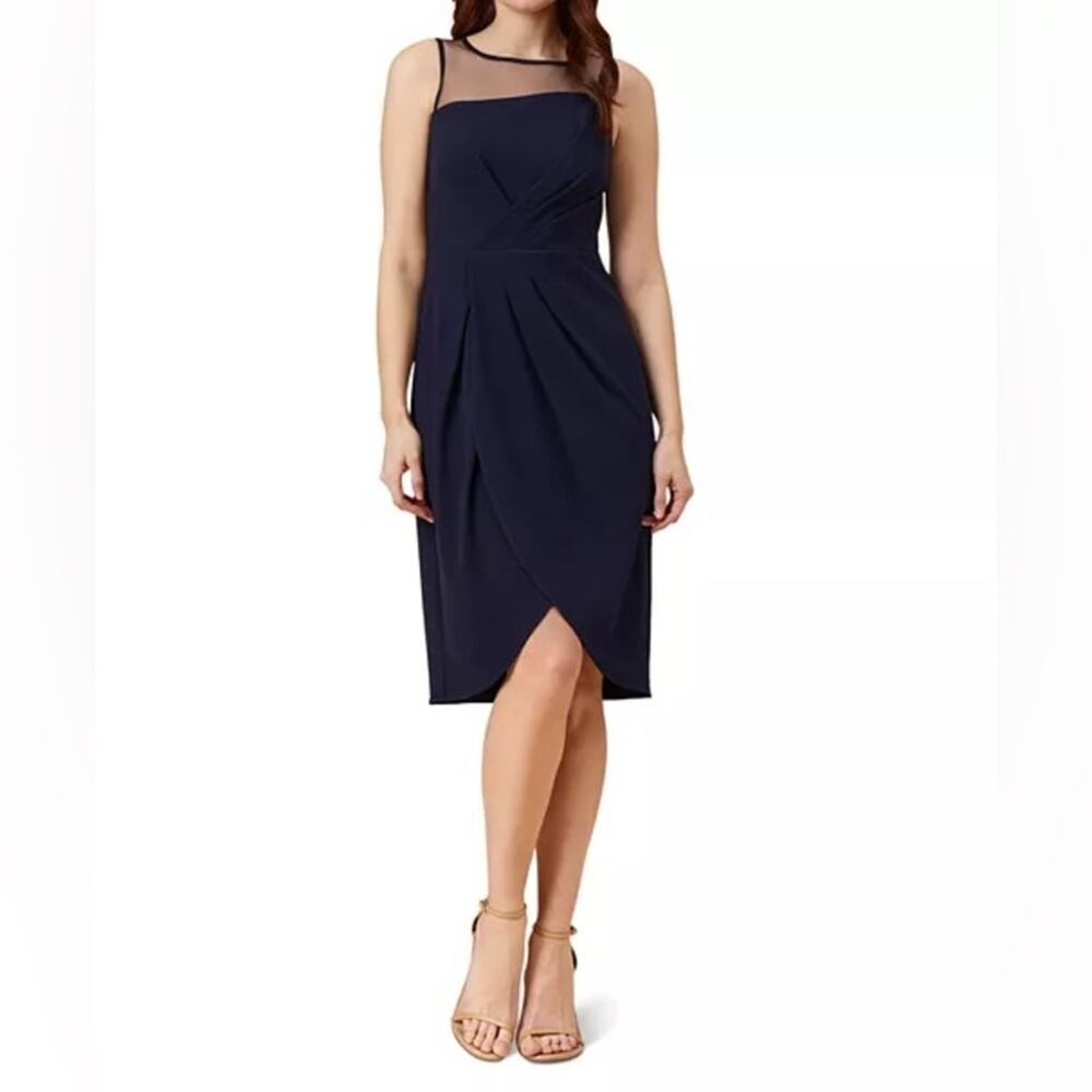 Adrianna Papell Women’s Draped Crepe Illusion Dress Navy Sz 2